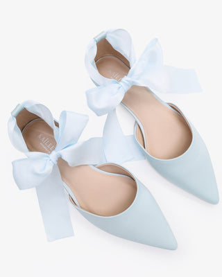 Light Blue Satin Pointy Toe Bridal Flats with Satin Ribbon Ankle Tie