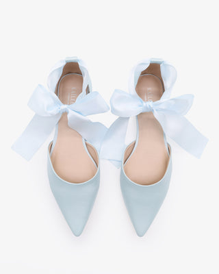 Light Blue Satin Pointy Toe Bridal Flats with Satin Ribbon Ankle Tie