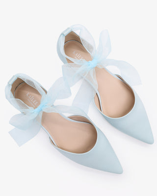 Light Blue Satin Pointy Toe Bridal Flats with Sheer Ribbon Ankle Tie