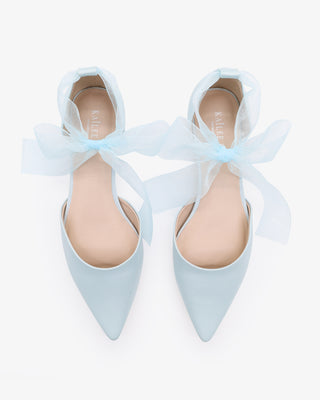 Light Blue Satin Pointy Toe Bridal Flats with Sheer Ribbon Ankle Tie
