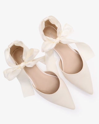 Satin Pointy Toe Bridal Flats with Ribbon Tie or Pearls Strap