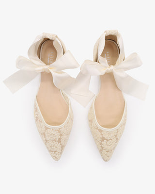 Ivory Crochet Lace Pointy Toe with Satin Ankle Tie