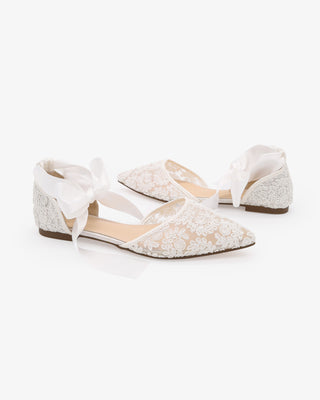 White Crochet Lace Pointy Toe with Satin Ankle Tie