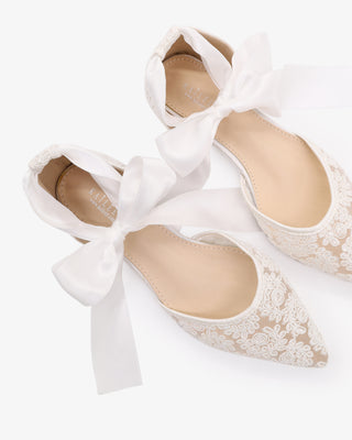 White Crochet Lace Pointy Toe with Satin Ankle Tie