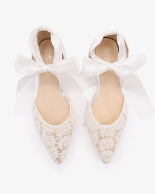 White Crochet Lace Pointy Toe with Satin Ankle Tie