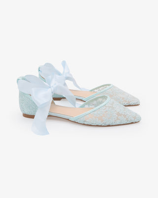 Light BlueCrochet Lace Pointy Toe with Satin Ribbon Ankle Tie