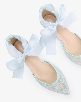Light BlueCrochet Lace Pointy Toe with Satin Ribbon Ankle Tie
