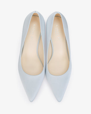 Light Blue Satin Pointy Toe Low Block Heels Wedding Pumps, Women Shoes