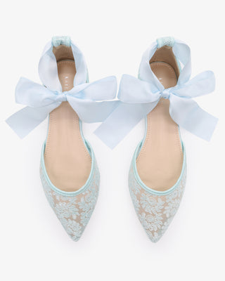 Light BlueCrochet Lace Pointy Toe with Satin Ribbon Ankle Tie