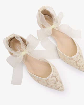 Ivory Crochet Lace Pointy Toe with Sheer Ribbon Ankle Tie