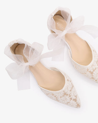 White Crochet Lace Pointy Toe with Sheer Ribbon Ankle Tie