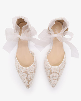 White Crochet Lace Pointy Toe with Sheer Ribbon Ankle Tie