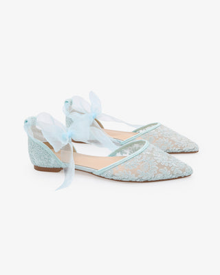 Light BlueCrochet Lace Pointy Toe with Sheer Ribbon Ankle Tie