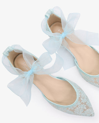 Light BlueCrochet Lace Pointy Toe with Sheer Ribbon Ankle Tie