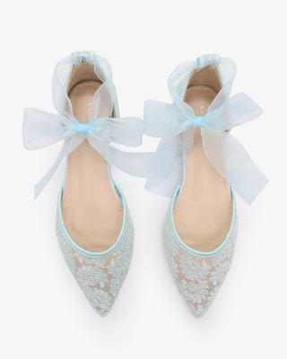 Light BlueCrochet Lace Pointy Toe with Sheer Ribbon Ankle Tie