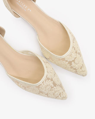 Ivory Crochet Lace Pointy Toe with Sheer Ribbon Ballerina Lace Up