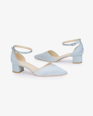 Light Blue Satin Pointy Toe Low Block Heels Wedding Shoes, Women Shoes