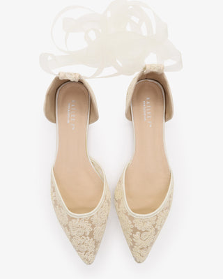 Ivory Crochet Lace Pointy Toe with Sheer Ribbon Ballerina Lace Up