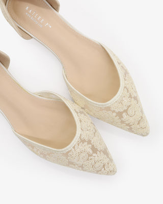 Ivory Crochet Lace Pointy Toe with Satin Ribbon Ballerina Lace Up