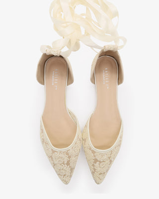 Ivory Crochet Lace Pointy Toe with Satin Ribbon Ballerina Lace Up