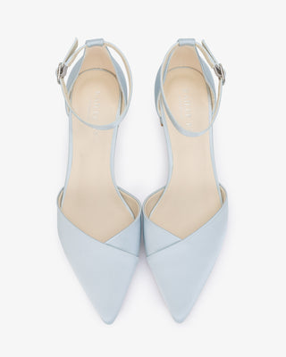 Light Blue Satin Pointy Toe Low Block Heels Wedding Shoes, Women Shoes