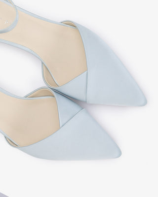 Light Blue Satin Pointy Toe Low Block Heels Wedding Shoes, Women Shoes
