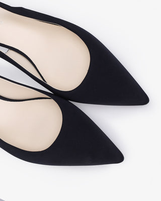 Black Satin Pointy Toe Kitten Heel Slingback Evening Pumps