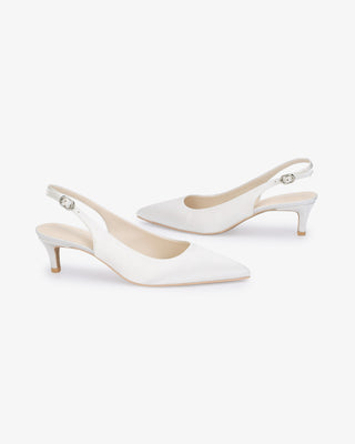 White Satin Pointy Toe Kitten Heel Slingback Wedding Pumps