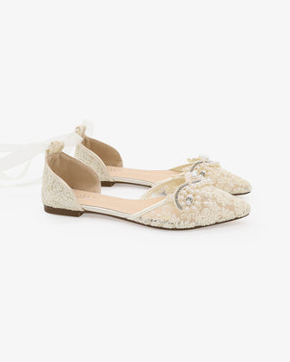 Crochet Lace Pointy Toe Flats with Small Pearls Applique