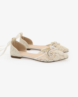 Crochet Lace Pointy Toe Flats with Small Pearls Applique