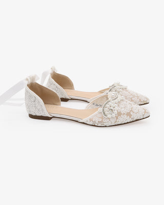 White Crochet Lace Pointy Toe Flats with Pearls 