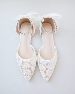 Wedding Crochet Lace Pointy Toe Flats with Amaryllis Crystal Strap