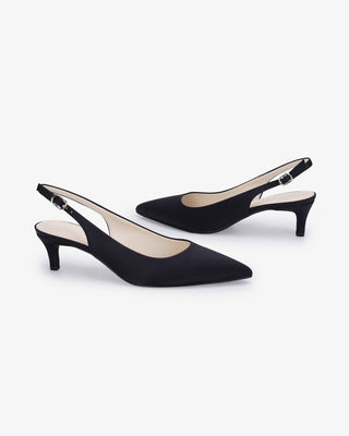 Black Satin Pointy Toe Kitten Heel Slingback Evening Pumps