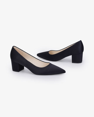 Black Satin Pointy Toe Low Block Heels Evening Pumps