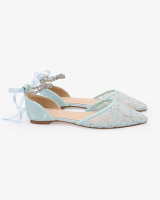Light Blue Wedding Crochet Lace Pointy Toe Flats with Amaryllis Crystal Strap