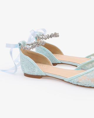 Light Blue Wedding Crochet Lace Pointy Toe Flats with Amaryllis Crystal Strap