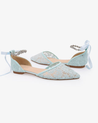 Light Blue Wedding Crochet Lace Pointy Toe Flats with Amaryllis Crystal Strap
