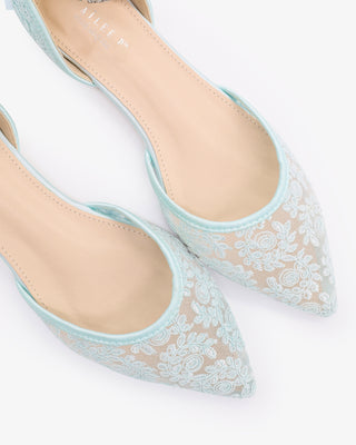 Light Blue Wedding Crochet Lace Pointy Toe Flats with Amaryllis Crystal Strap