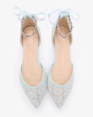 Light Blue Wedding Crochet Lace Pointy Toe Flats with Amaryllis Crystal Strap