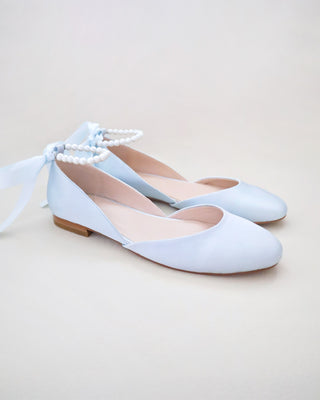 Light Blue Bridal Round Toe Flat with Pearl Strap, Something Blue