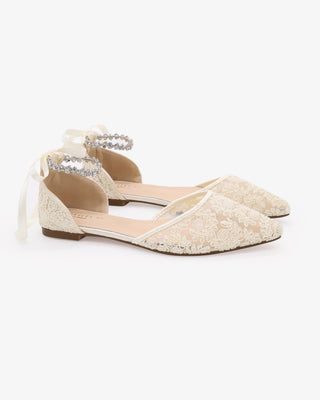 Ivory Wedding Crochet Lace Pointy Toe Flats with Amaryllis Crystal Strap