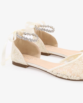 Ivory Wedding Crochet Lace Pointy Toe Flats with Amaryllis Crystal Strap