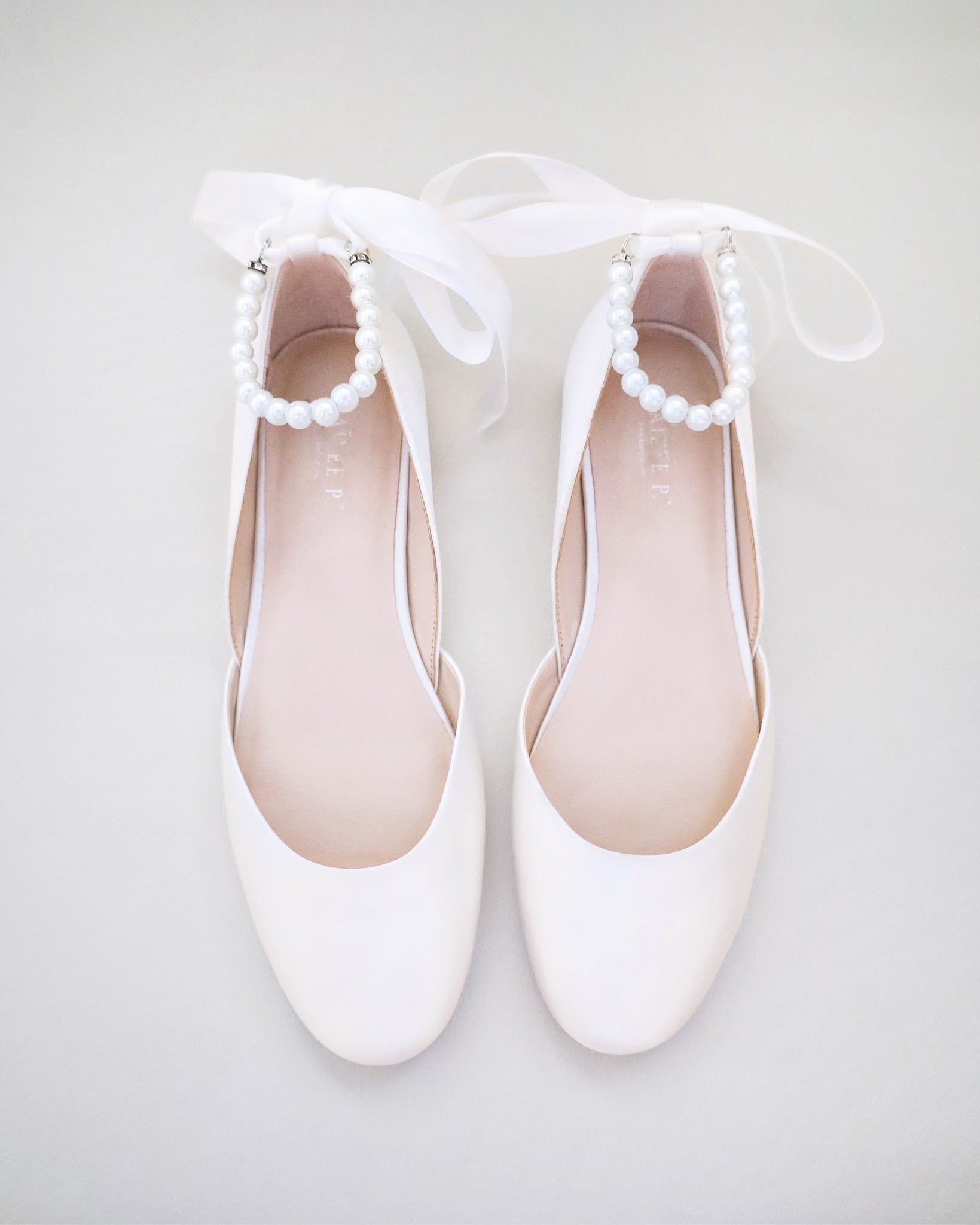 Ivory Bridal Round Toe Flat with Pearl Strap, Wedding Shoes
