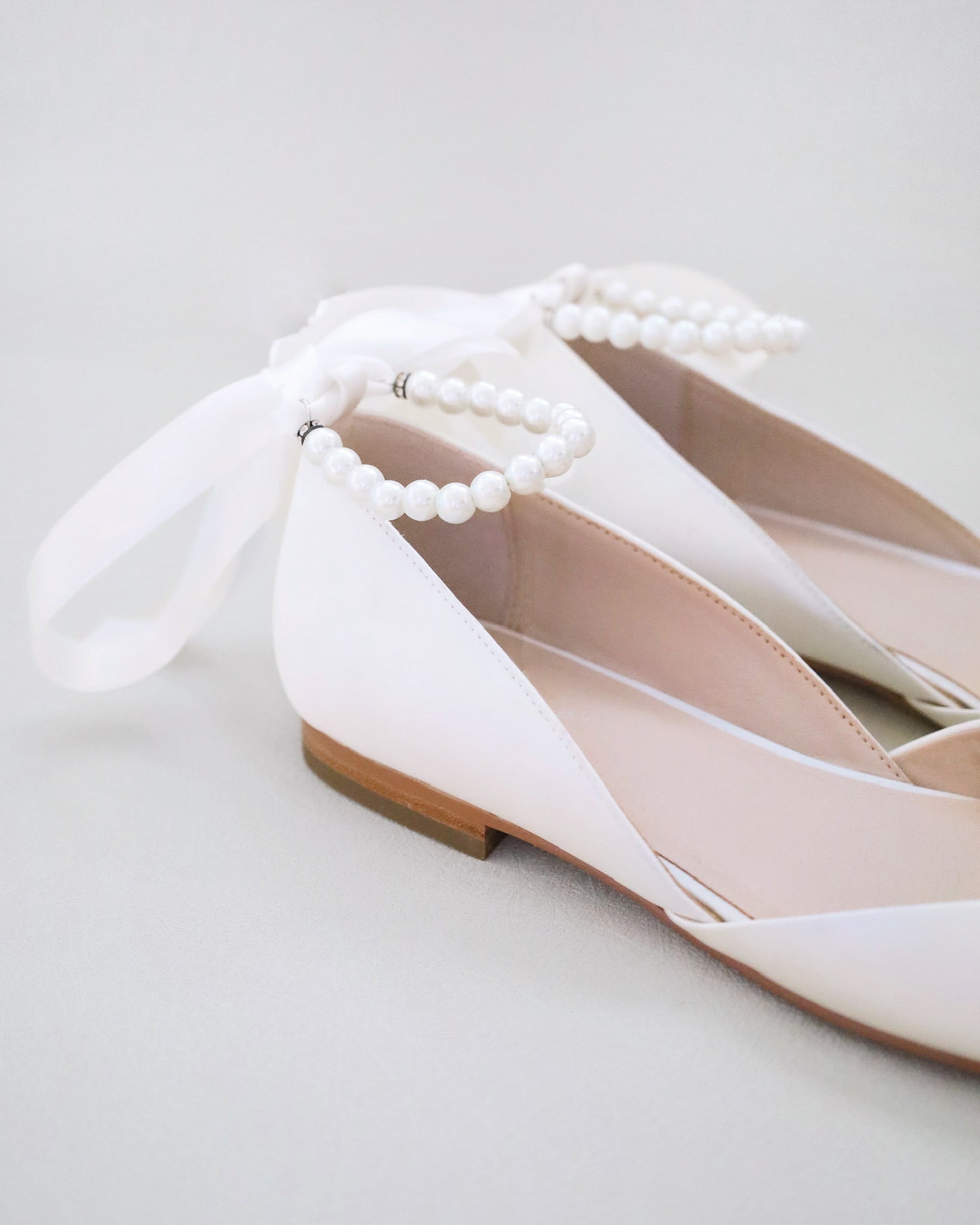 Ivory Bridal Round Toe Flat with Pearl Strap, Wedding Shoes