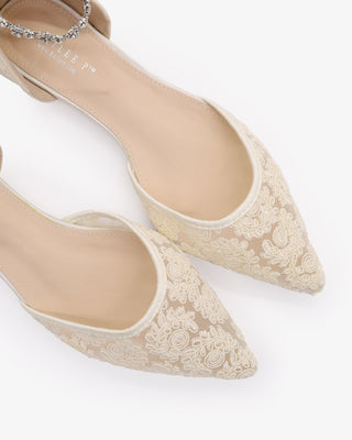 Ivory Wedding Crochet Lace Pointy Toe Flats with Amaryllis Crystal Strap