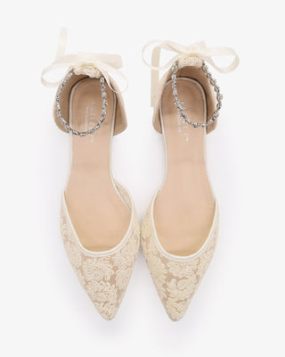 Ivory Wedding Crochet Lace Pointy Toe Flats with Amaryllis Crystal Strap