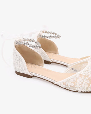 White Wedding Crochet Lace Pointy Toe Flats with Amaryllis Crystal Strap