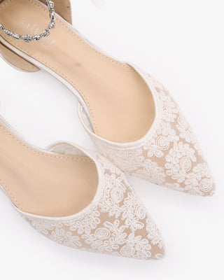 White Wedding Crochet Lace Pointy Toe Flats with Amaryllis Crystal Strap