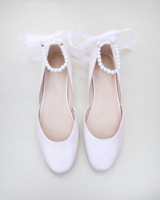 Satin Round Toe Evening Flat with All Pearls Ankle Strap