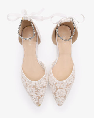 White Wedding Crochet Lace Pointy Toe Flats with Amaryllis Crystal Strap